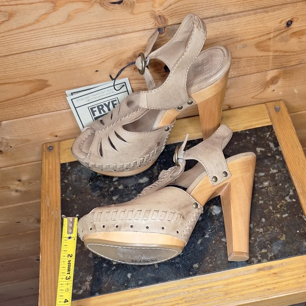 ❤️ FRYE Fran X Stich Platform Heels Brown Leather Wood Sandals Size 6.5 M